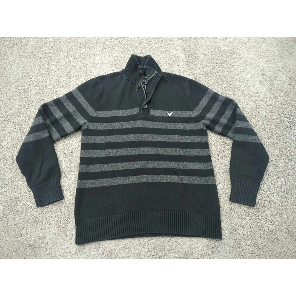 American Eagle Sweater Mens M Black Striped Pullover 1/4 Zip Knit Athletic Fit